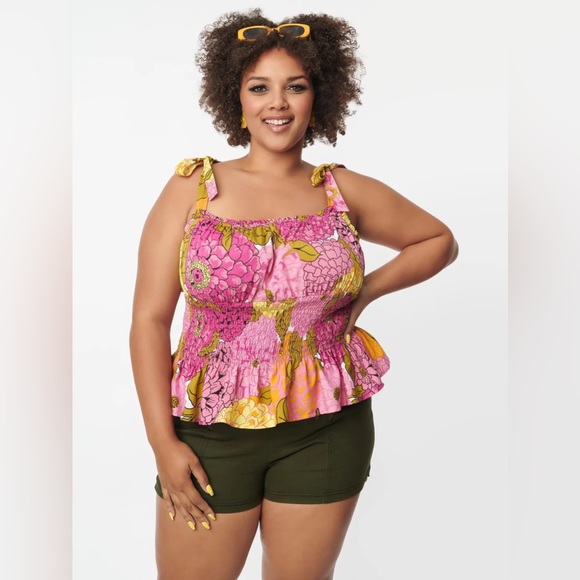 Unique Vintage Breezy Babe Smocked Top Tank Straps Pink Multi New - Picture 9 of 12